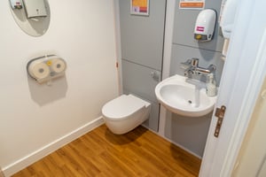 Clean, modern patient restroom at Care Fertility Cheshire in Daresbury Park, Warrington — part of our comfortable clinic facilities.