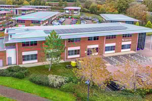 Bird’s-eye view of Care Fertility Cheshire clinic, showing the building and surrounding area from above.