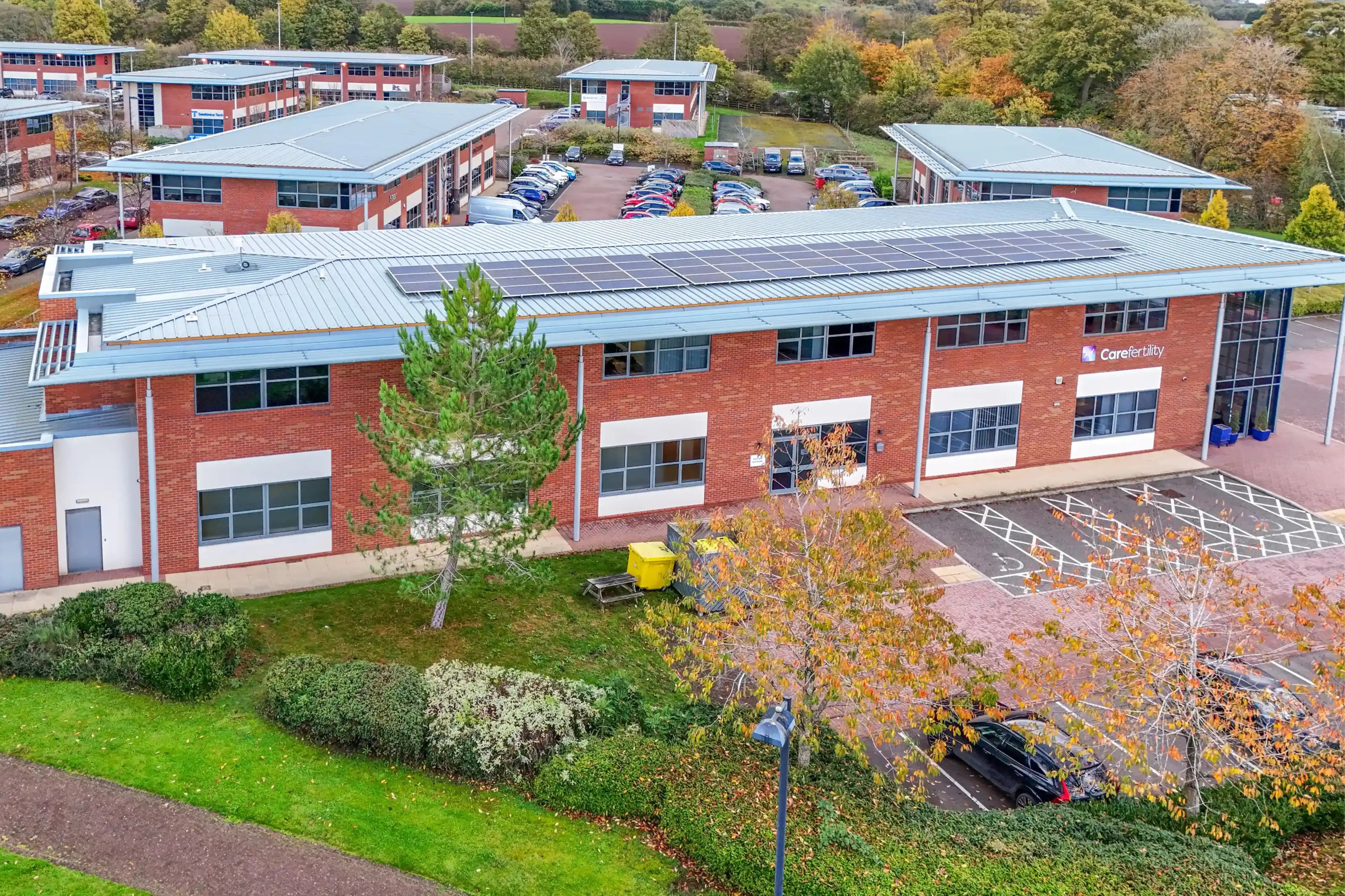 Bird’s-eye view of Care Fertility Cheshire clinic, showing the building and surrounding area from above.