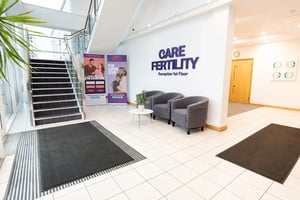 A bright, modern entrance to Care Fertility Nottingham clinic at John Webster House, Business Park.