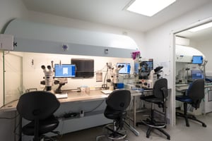 Embryology laboratory at Care Fertility Tunbridge Wells with microscopes and workstations